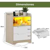 Mesitas de Noche con luces LED y Estación de Carga (2 Tomas AC, 2 Puertos USB) Mesita de Noche Blanca Mesas Auxiliares con 1 compartimento abierto y 2 cajones para Dormitorio Salón - details 38