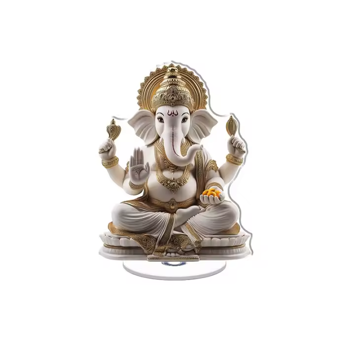Exhibición acrílica giratoria con un majestuoso Ganesha con una cabeza de elefante dorada y detalles vibrantes sobre un fondo blanco impecable. - 1