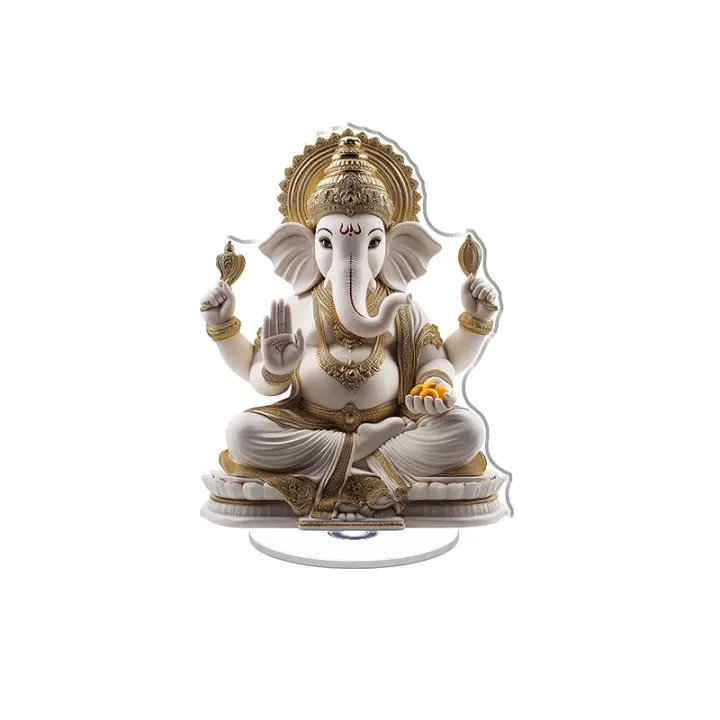 Exhibición acrílica giratoria con un majestuoso Ganesha con una cabeza de elefante dorada y detalles vibrantes sobre un fondo blanco impecable. - 1