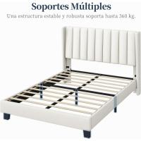 Cama tapizada con cabecera a rayas con alas de láminas de madera y metal, cama matrimonial color beige. - details 4