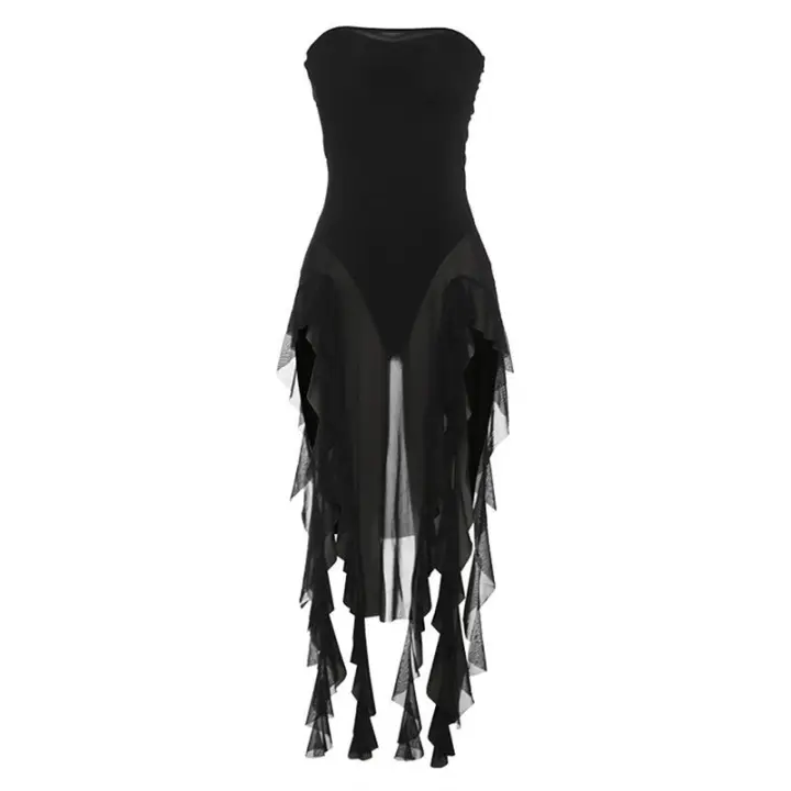 BUNO-2024 verano Maxi vestido de mujer Vintage elegante negro moda sin mangas ajustado espalda descubierta Irregular borla vestidos de fiesta bata de calle - 1
