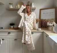Novedad de verano, conjunto de manga larga 100% algodón con estampado de corazón de amor, pijama con botones para mujer con cuello TRE de 2 piezas, pijamas - details 23