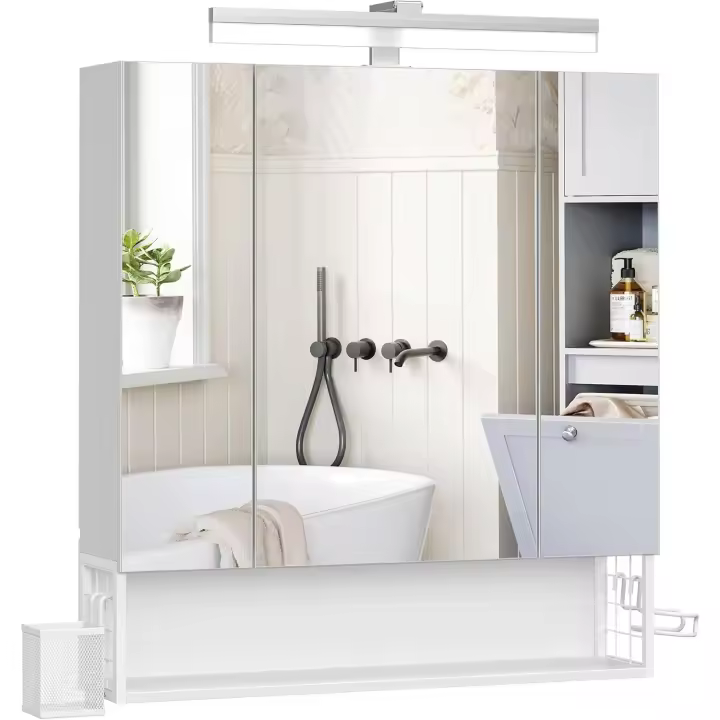 Armario de Baño con Luz LED 16,5 x 70 x 75 cm Toma Corriente Cesta Colgante Soporte para Secador - 1