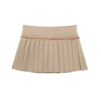 TRAFZA Falda Mini De Cuero Retro Para Mujer Verano 2024 Cintura Alta Empuñadura Chic Preppy Style Polyester Pleated Cierre De Cremallera Streetwear - details 1