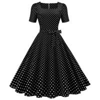 Vestido midi de fiesta de lunares para mujer, elegante, de manga corta, con cuello cuadrado, línea A, estilo años 50 y 60. - details 41