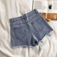 Shorts De Verano Para Mujer Estilo Coreano Vaqueros De Cintura Alta Casual Azul Con Bolsillos Y Borlas Moda Perforada Y2K Jeans Para Niñas Y Mujeres - details 4