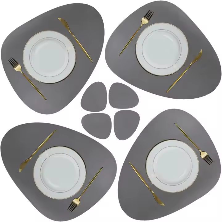 Juego de manteles individuales y posavasos de piel sintética, 4 manteles individuales navideños, antideslizantes, impermeables, para cocina, mesa de comedor interior, (gris oscuro) - 1