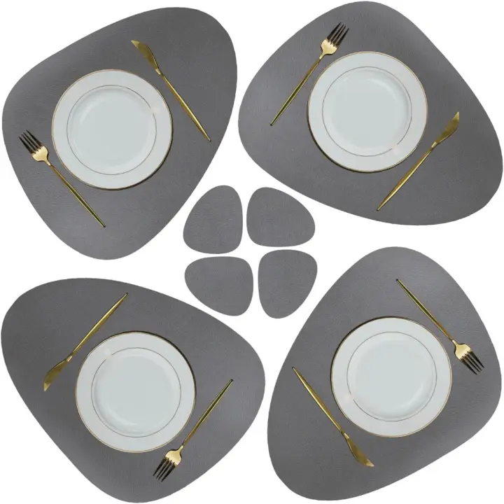 Juego de manteles individuales y posavasos de piel sintética, 4 manteles individuales navideños, antideslizantes, impermeables, para cocina, mesa de comedor interior, (gris oscuro) - 1