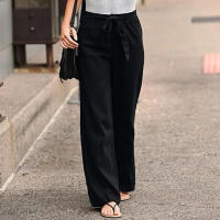 Pantalones Largos Sólidos Para Mujer Casual Algodón Lino Con Cordón Cintura Elástica Pierna Ancha Estilo Callejero Ropa De Mujer - details 3