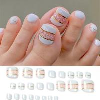Juego De 24 Piezas Uñas Postizas De Acrílico Con Borde Blanco Y Flor Artísticas Para Pies Uñas Press on Removibles Para Fiestas - details 28