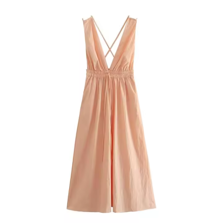 BUNO-Vestido midi con cintura y cuello en V con espalda con fugas para mujer, decoración, primavera/verano, producto nuevo, ropa informal para mujer - 1