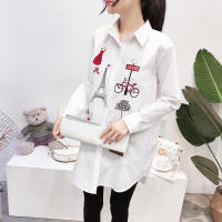 Blusa De Algodón Blanca Casual Para Mujer Cuello En V Botones Larga Manga Bordada Estilo Casual Longa Manga Blouse De Verano - details 0