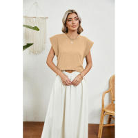 BUNO-2025 Tops para mujer, pantalón corto informal de moda de verano, camisetas básicas con textura a rayas de Color sólido y cuello redondo - details 17