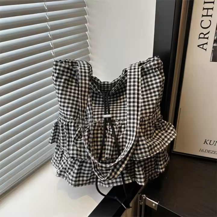 Bolso de hombro de estilo coreano Vintage con hojas de loto, bolso con cordón estampado a la moda, bolso de mano a cuadros bonito, bolsa de almacenamiento - 1