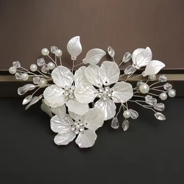 Exquisito tocado de novia con flor de perla de cristal, tocado de novia elegante blanco, horquilla de boda de lujo hecha a mano para mujer - 1