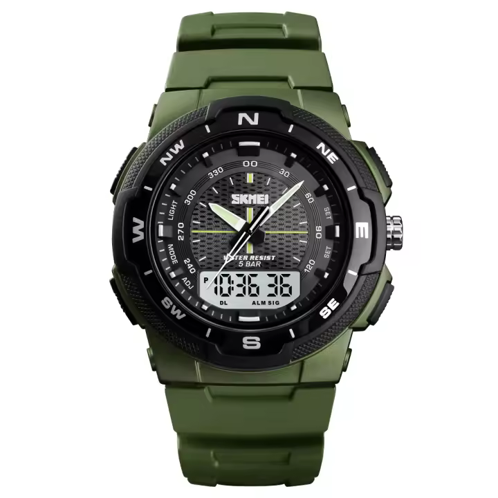 SKMEI-reloj electrónico para deportes al aire libre para hombre, pulsera militar con correa de PU, de cuarzo, doble, 1454 - 1