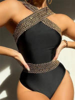 Bañador recortado de una pieza para mujer, traje de baño con Push-up, traje de baño cruzado, ropa de playa con cuello Halter - details 1