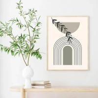 Pintura Nórdica de Lámina de Arte de Pared Bohemio Verde con Hojas de Plantas y Líneas Geométricas en Canvas para Decoración del Hogar - details 4