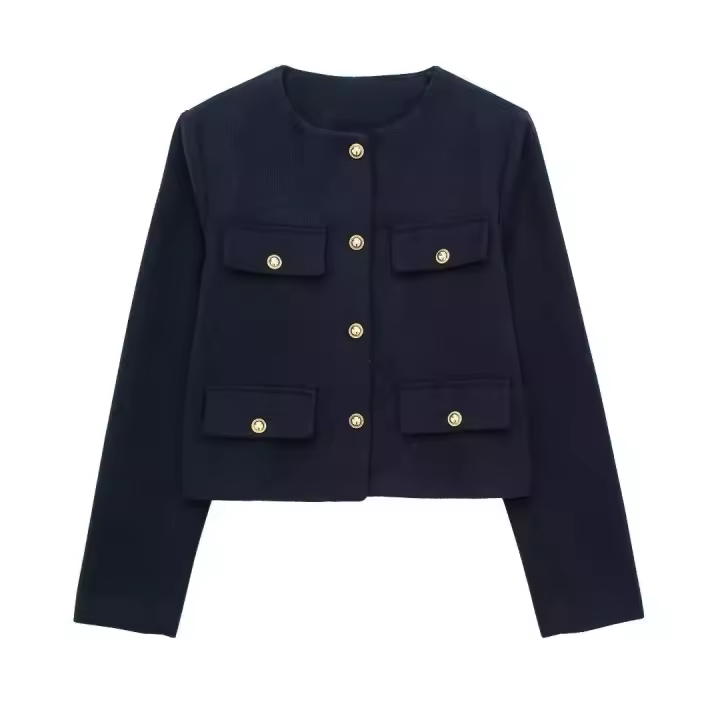 2024 Chaqueta elegante de manga larga con cuello redondo y bolsillo informal elegante para mujer - 1