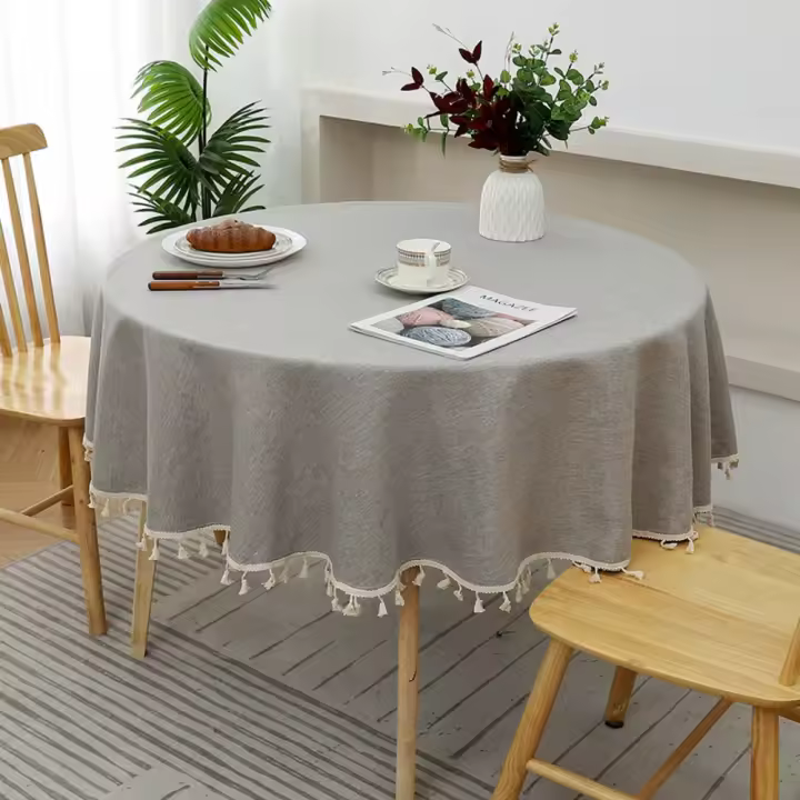 Mantel de lino y algodón TPU con borla, cubierta impermeable para mesa de comedor, Color sólido, a prueba de polvo, decoración del hogar - 1