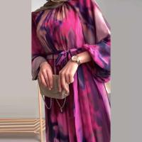 Nuevo vestido bohemio informal con estampado de manga y estampado Retro Maxi cuello redondo para mujer largo 2025 vestido de fiesta de gasa con cordones - details 5