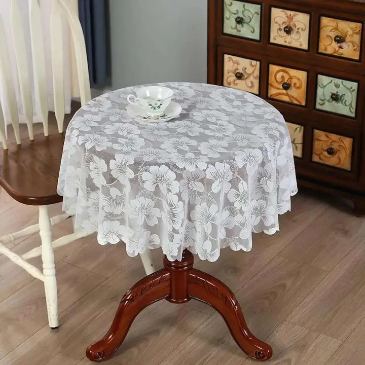 Mantel circular White Ence, mantel floral de 47 pulgadas de diámetro para fiestas, recepciones de bodas, restaurantes, decoración del hogar - 1