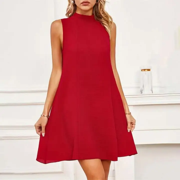 Elegante Vestido Mini sin Mangas de Color Sólido Cuello Alto, Lazo, Vestido de Encaje para Mujeres - 1