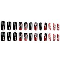 24 uñas largas de ballet UDS con pegamento de rayas rojas, degradación de brillo artístico, negro, editorial francesa, uña protésica acrílica - details 3