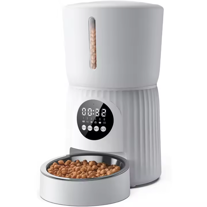 Faroro Comedero Automático para Gatos de 4L, Dispensador de Comida para Perros y Gatos, Tazón para Gatos de Acero Inoxidable y Temporizador, Programable de 1 a 6 Comidas, Blanco - 1