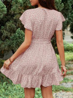 Vestido de manga corta con cuello en V y lazo floral de cintura alta estilo francés de verano para mujer - details 2