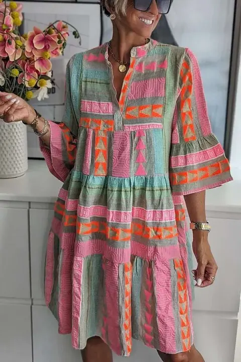 Vestido Estampado Bohemio de Moda Cuello en V, Manga Acolchada, Vestido Holgado para Mujeres - 1
