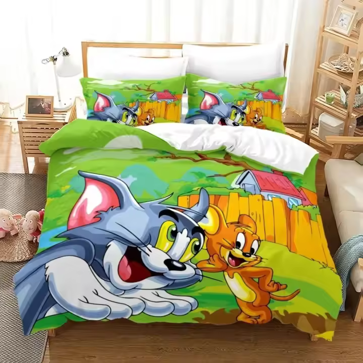 Juego de cama de dibujos animados para niños y adultos, funda de edredón con diseño de t-tom, ratón y gato, tamaño king y Queen - 1