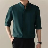 Camisa de manga corta de seda helada con cuello levantado para hombre nueva, ligera, informal, ajustada, silueta, verano - details 1