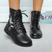Botas altas con estampado bordado para mujer, botines Martin de punta redonda de talla grande, botas cortas planas con cordones, Otoño e Invierno - details 1