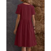 Vestido retro de algodón y lino con cuello redondo y bolsillos sueltos de color sólido para mujer - details 2