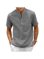 Camisa De Algodón Y Lino Para Hombre Estilo Casual Vintage Con Bolsillo Y Cuello Henley Camiseta De Color Sólido Para Playa Y Calle - details 4