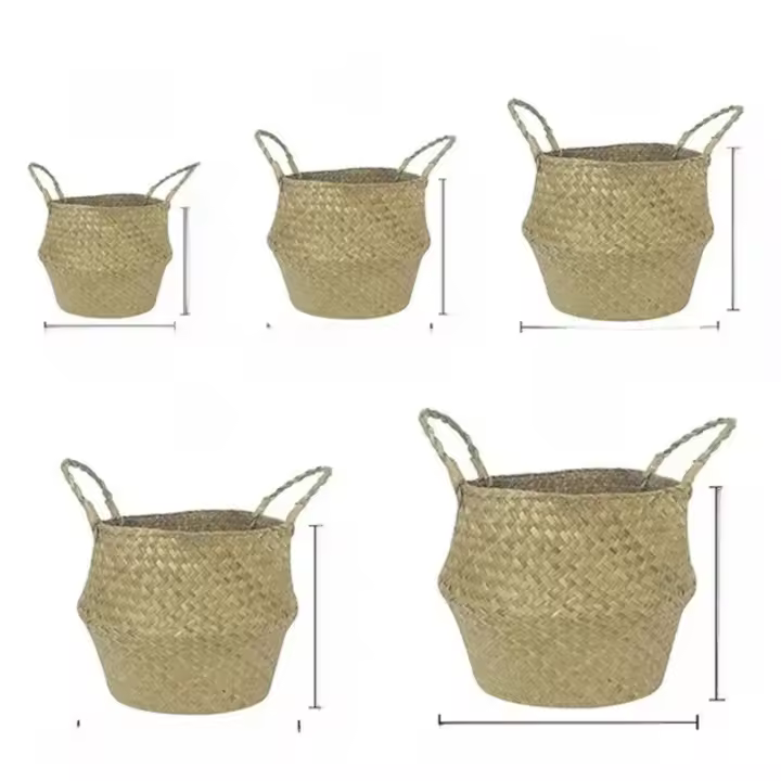 Cesta De Almacenamiento Tejida De Hierba De Mar Natural Hecha a Mano Plegable Para Ropa Y Lavandería Cesta De Paja De Resina Rattan Con Flor Bolsa De Playa - 1