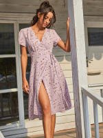 Summer floral print women boho short sleeve v neck split elegant a line party beach dress - details 8