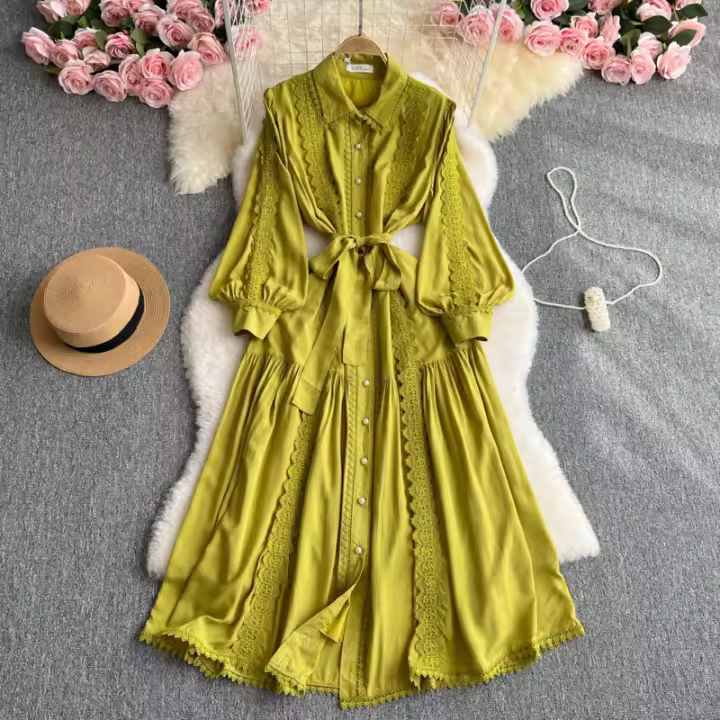 Vestido de Moda para Mujer de Alta Gama Estilo Francés Falda Larga con Escote Ancho, Encaje de Parches, Solo de Un Solo Borde - 1