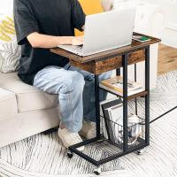 Mesa Auxiliar con Estación de Carga, Mesa de Centro Abatible en Forma de C con Ruedas y Estante de Almacenamiento, Puertos USB Tomas Corriente, para Salón Dormitorio, Greige y Negro EBG022SF01 - details 12