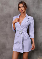 Vestido de traje informal para mujer, Chaqueta de manga tres cuartos, cuello en V, botones, morado S - details 3