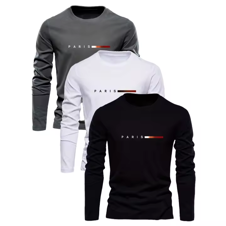 Camisetas de Manga Larga de Algodón 100% Paquete de 3 Cuello Redondo Estilo Crew - 1