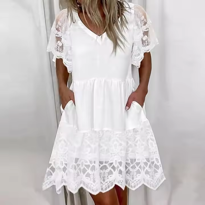 Ropa de mujer Primavera/Verano Nuevo vestido de manga corta con cuello en V y ribete de encaje - 1