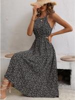 Vestido sin mangas con cintura hueca, estampado floral, elegante, cuello semialto - details 14