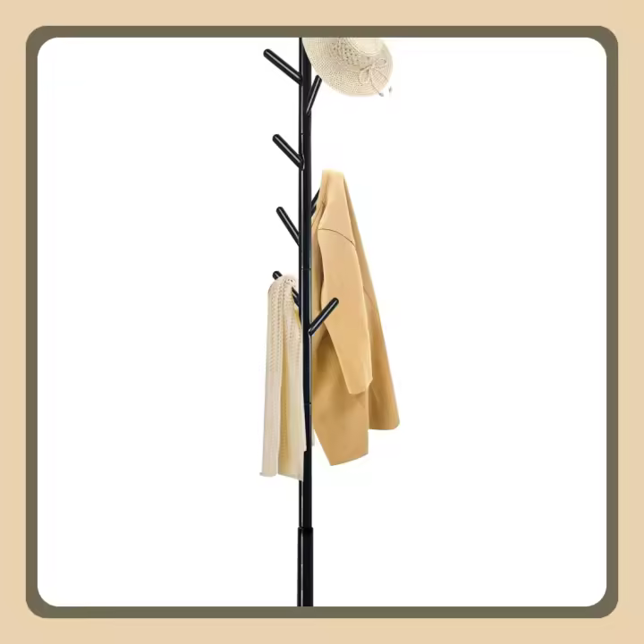 Perchero de Pie en Forma de Árbol Madera Maciza, 8 Ganchos, Base Cuadrada con Almohadilla Antideslizante Altura de 180 cm, para Entrada, Negro - 1