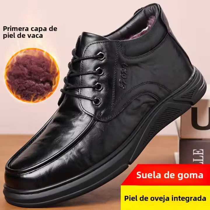 Zapatos de algodón de piel de vaca de primera capa, terciopelo de lana de cuero genuino para mantener el calor - 1