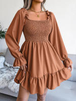 Vestido elegante de manga larga para mujer, falda de cuello cuadrado, de Color sólido vestido de volantes, moda de primavera y otoño - details 9