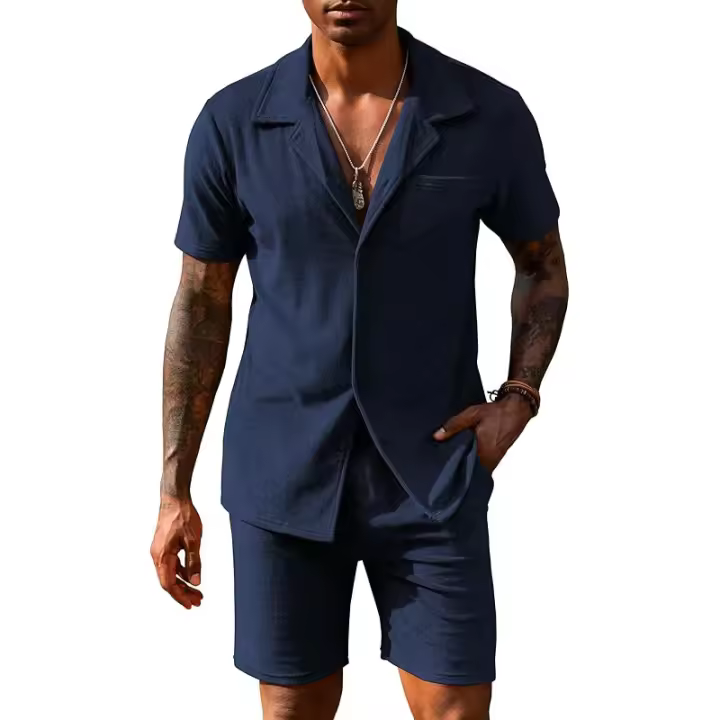 URRU Conjuntos cortos para hombre de 2 piezas, conjunto de camisa y pantalones cortos de manga corta con botones para playa de verano - 1