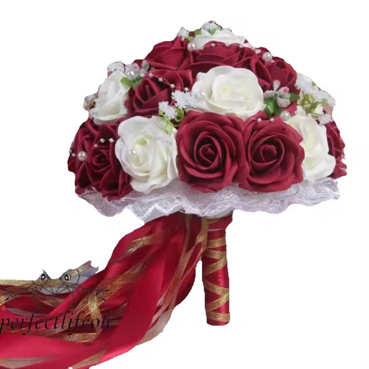 Ramo de flores artificiales para dama de honor, rosa, rojo, blanco, azul real - 1