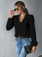Blusa elegante con volantes y cuello en V para mujer, blusa holgada de manga abullonada de Color sólido, temperamento para ir al trabajo, 2024 - details 11